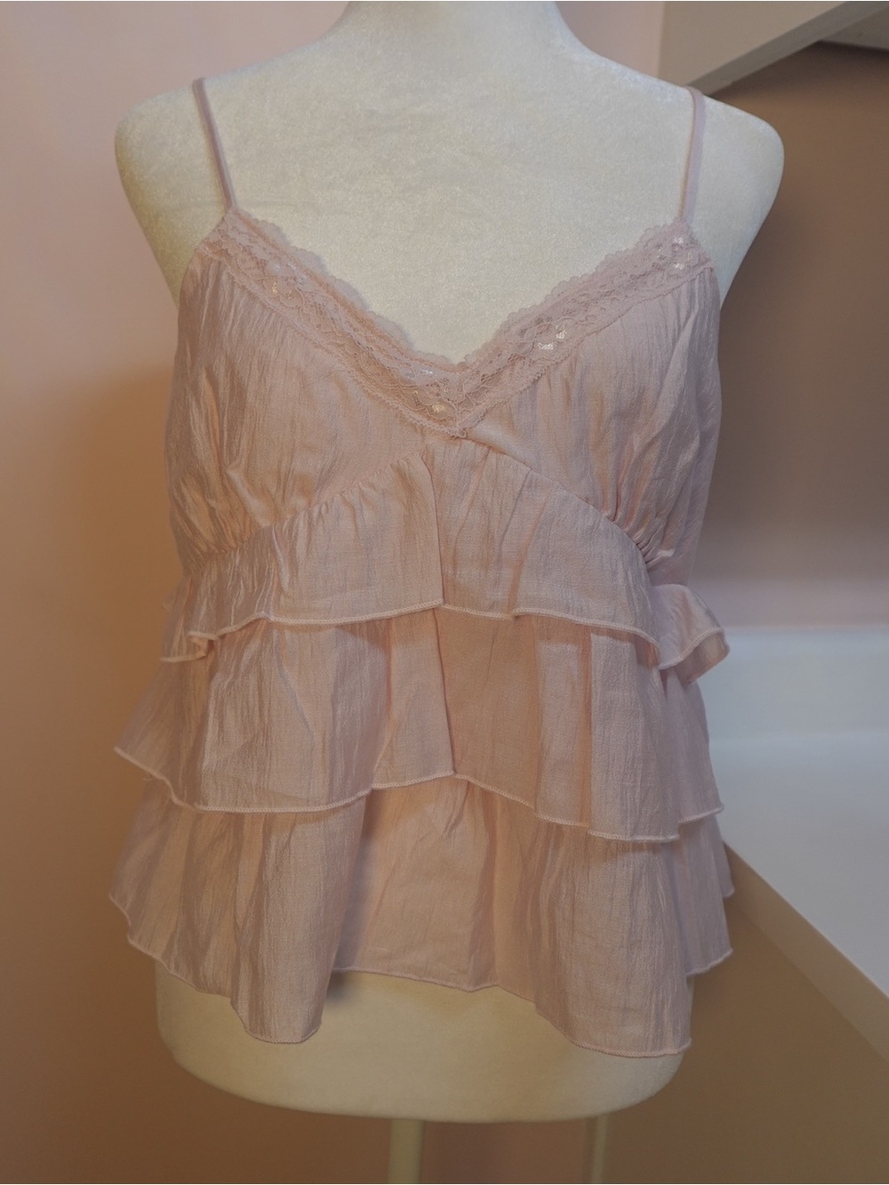 Balletcore Women's Pink Ruffle Camisole Top with lace trim